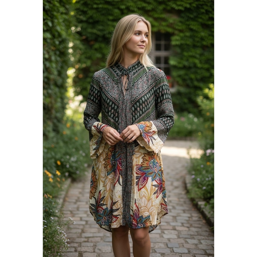Boho Tunic Dress Floral Paisley Print Long Sleeve Keyhole Neck Flowy